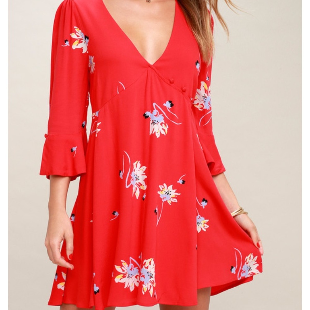 Free people red floral wrap dress